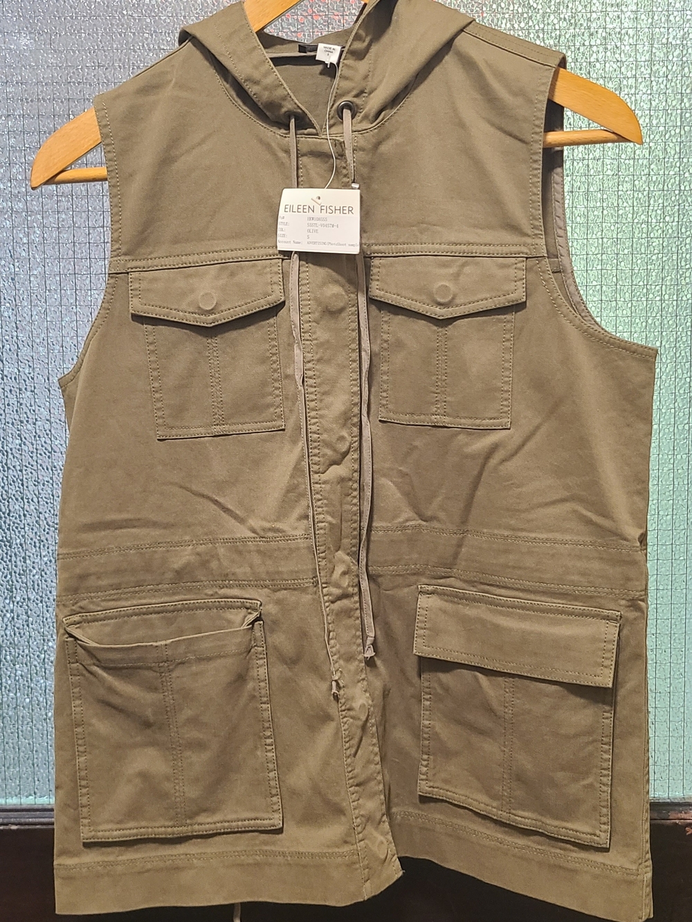EILEEN FISHER Olive Hooded Utility Vest with Patch Pockets